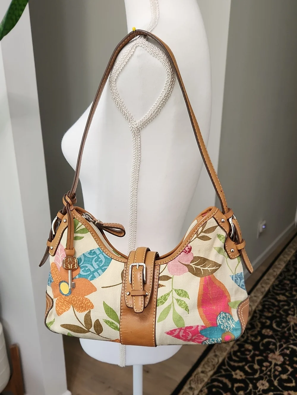 Vintage Fossil Floral Canvas Shoulder Bag Leather Trim Y2k - Picture 1 of 17